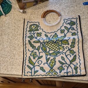 Vintage Embroidered Floral Tote Bag with Wooden Handles